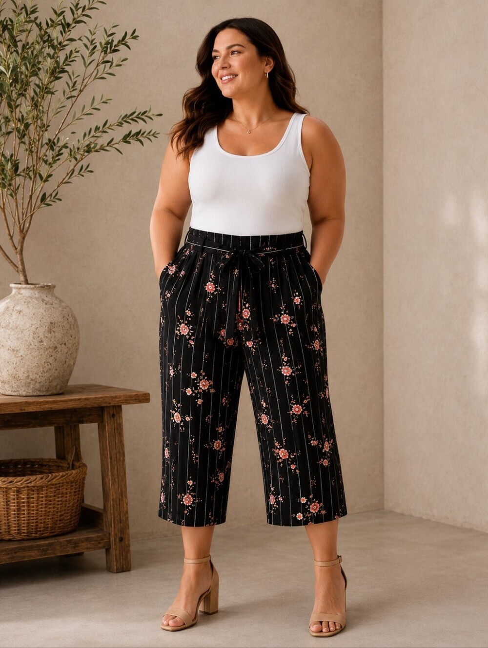 Love & Legend | Black Floral Pinstripe Tie-Waist Pants, Size 1XL